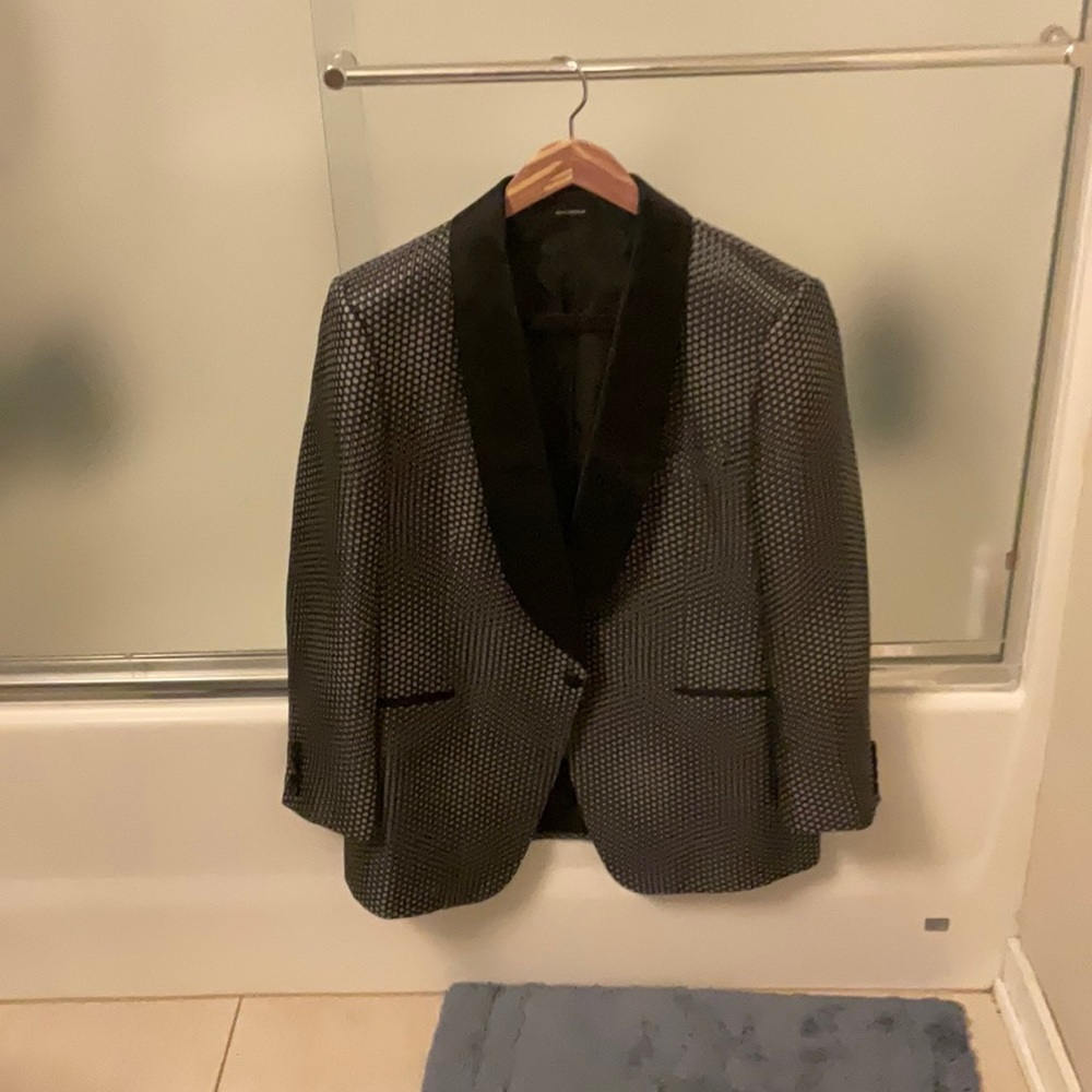 Tom Ford Basic Base E Black Silver Polka Dot Silk Blend Evening Jacket 46R NWOT